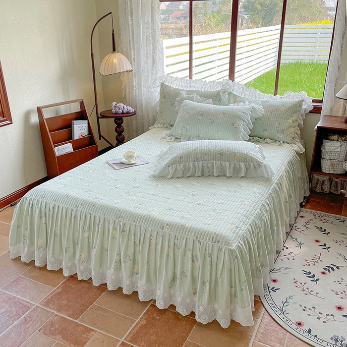 91家纺网 家纺一手货源 找家纺 罗艺轩 2025新款全棉印花床笠式花边床裙四件套 茉莉清雨