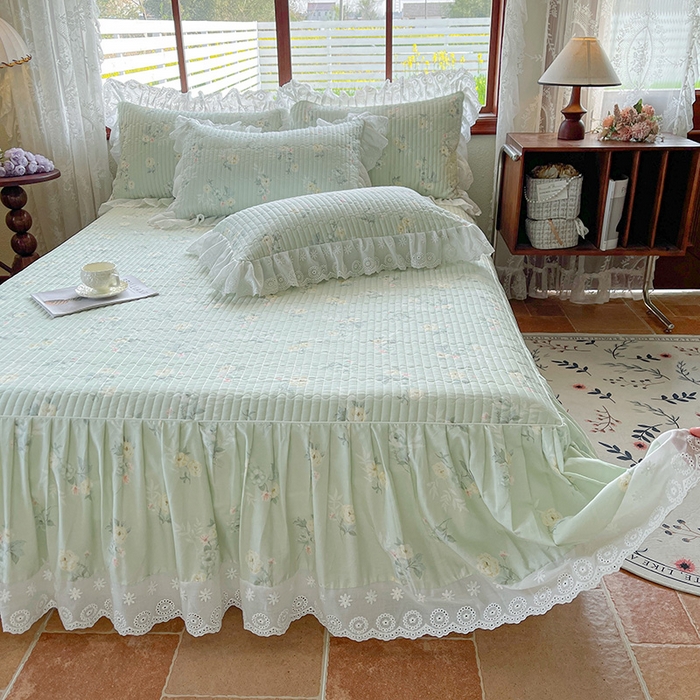 91家纺网 家纺一手货源 找家纺 罗艺轩 2025新款全棉印花床笠式花边床裙四件套 茉莉清雨