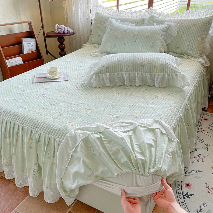 91家纺网 家纺一手货源 找家纺 罗艺轩 2025新款全棉印花床笠式花边床裙四件套 茉莉清雨