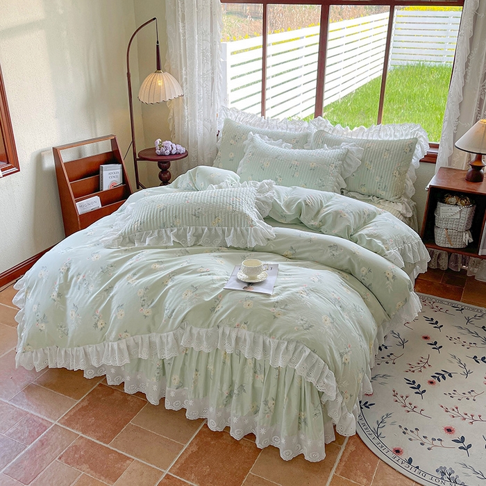 91家纺网 家纺一手货源 找家纺 罗艺轩 2025新款全棉印花床笠式花边床裙四件套 茉莉清雨