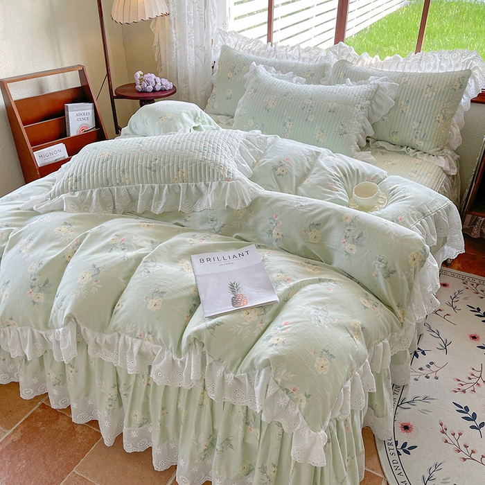 91家纺网 家纺一手货源 找家纺 罗艺轩 2025新款全棉印花床笠式花边床裙四件套 茉莉清雨