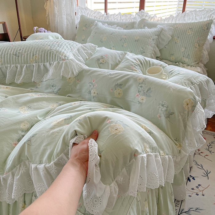 91家纺网 家纺一手货源 找家纺 罗艺轩 2025新款全棉印花床笠式花边床裙四件套 茉莉清雨