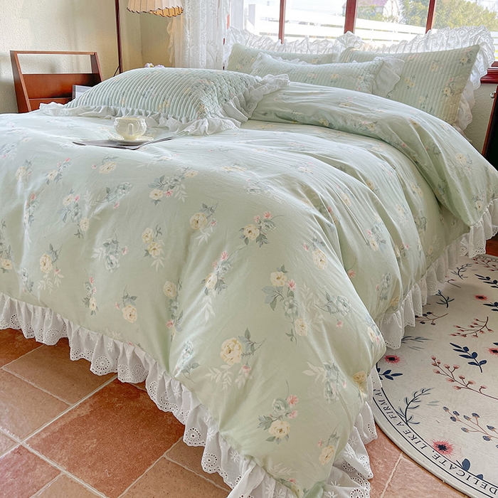 91家纺网 家纺一手货源 找家纺 罗艺轩 2025新款全棉印花床笠式花边床裙四件套 茉莉清雨