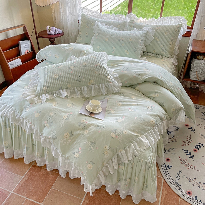 91家纺网 家纺一手货源 找家纺 罗艺轩 2025新款全棉印花床笠式花边床裙四件套 茉莉清雨