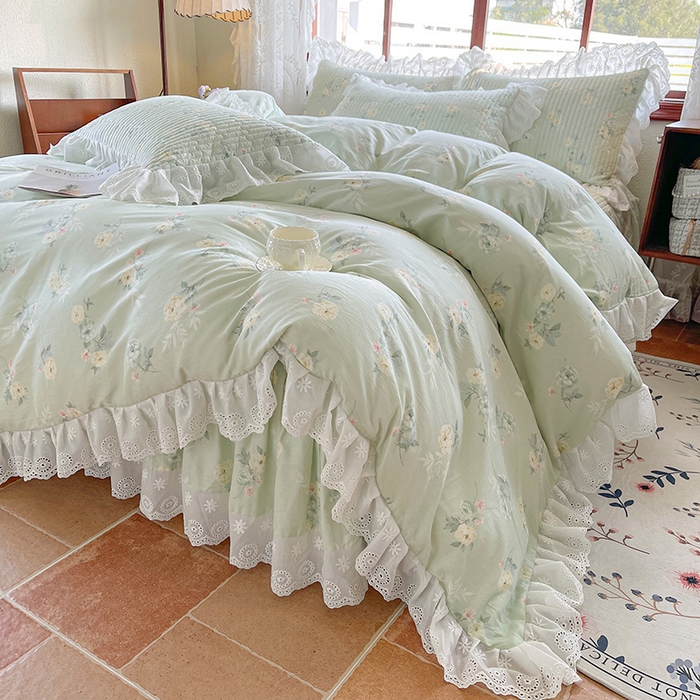 91家纺网 家纺一手货源 找家纺 罗艺轩 2025新款全棉印花床笠式花边床裙四件套 茉莉清雨