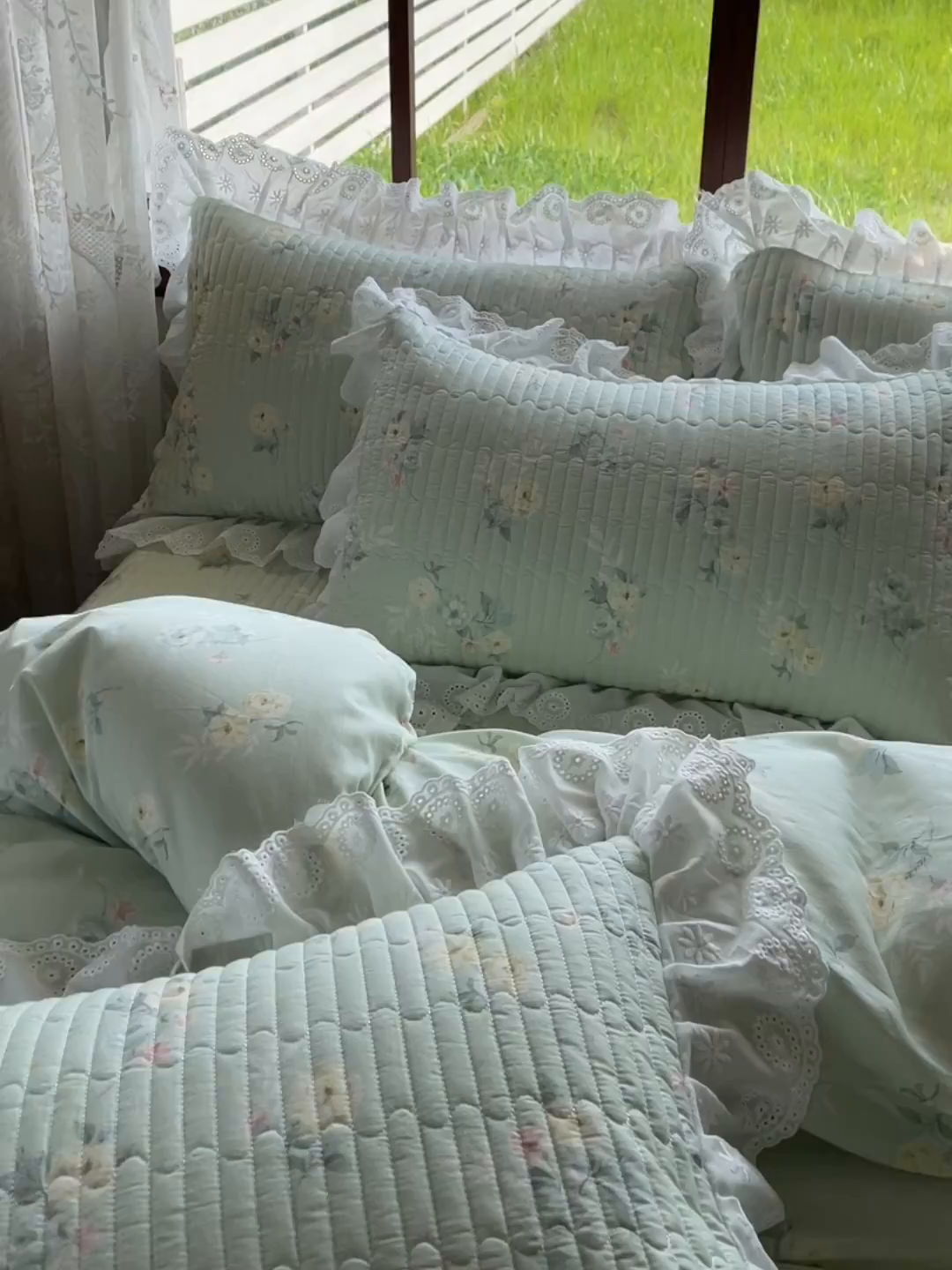 91家纺网 家纺一手货源 找家纺 罗艺轩 2025新款全棉印花床笠式花边床裙四件套 茉莉清雨