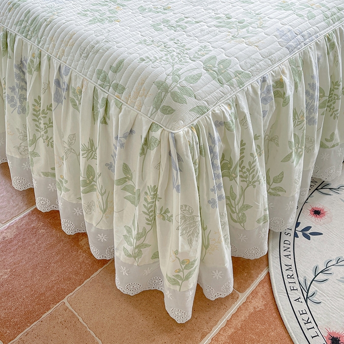 91家纺网 家纺一手货源 找家纺 罗艺轩 2025新款全棉印花床笠式花边床裙四件套 沁语花叶