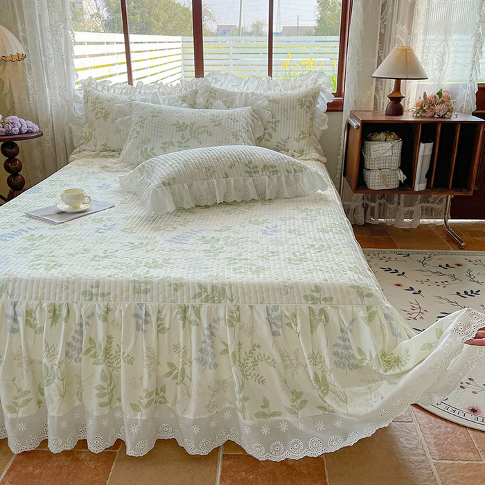 91家纺网 家纺一手货源 找家纺 罗艺轩 2025新款全棉印花床笠式花边床裙四件套 沁语花叶