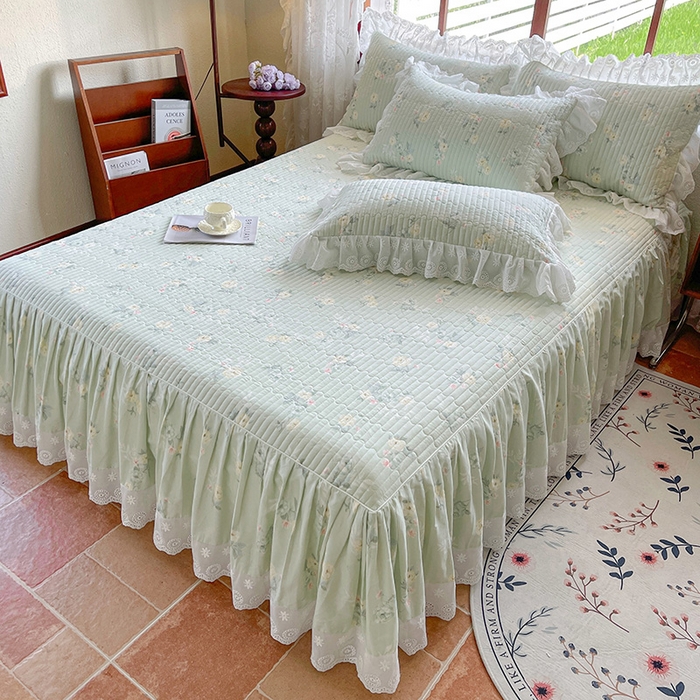 91家纺网 家纺一手货源 找家纺 罗艺轩 2025新款全棉印花床笠式花边床裙四件套 沁语花叶