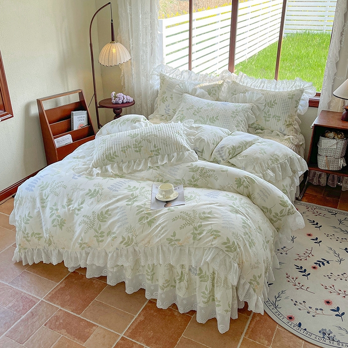 91家纺网 家纺一手货源 找家纺 罗艺轩 2025新款全棉印花床笠式花边床裙四件套 沁语花叶