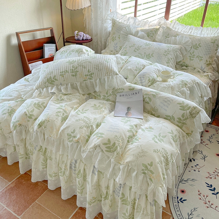 91家纺网 家纺一手货源 找家纺 罗艺轩 2025新款全棉印花床笠式花边床裙四件套 沁语花叶