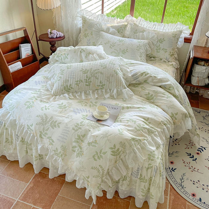 91家纺网 家纺一手货源 找家纺 罗艺轩 2025新款全棉印花床笠式花边床裙四件套 沁语花叶