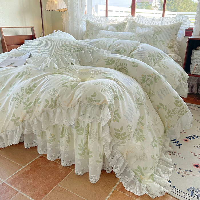 91家纺网 家纺一手货源 找家纺 罗艺轩 2025新款全棉印花床笠式花边床裙四件套 沁语花叶