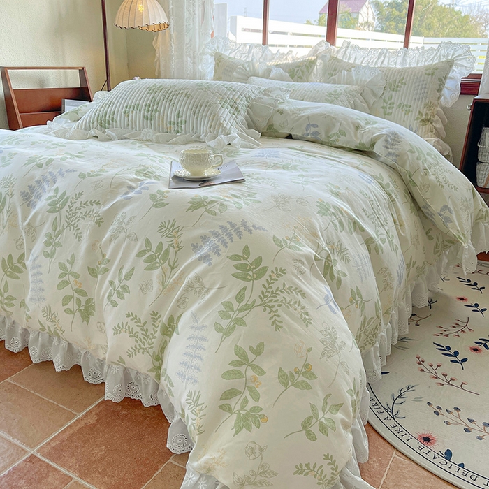 91家纺网 家纺一手货源 找家纺 罗艺轩 2025新款全棉印花床笠式花边床裙四件套 沁语花叶