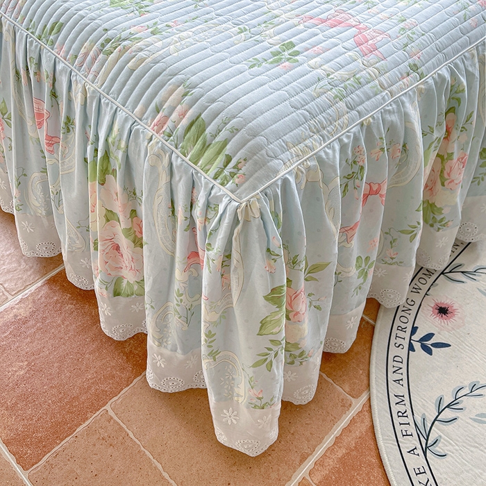 91家纺网 家纺一手货源 找家纺 罗艺轩 2025新款全棉印花床笠式花边床裙四件套 织夏花园-蓝