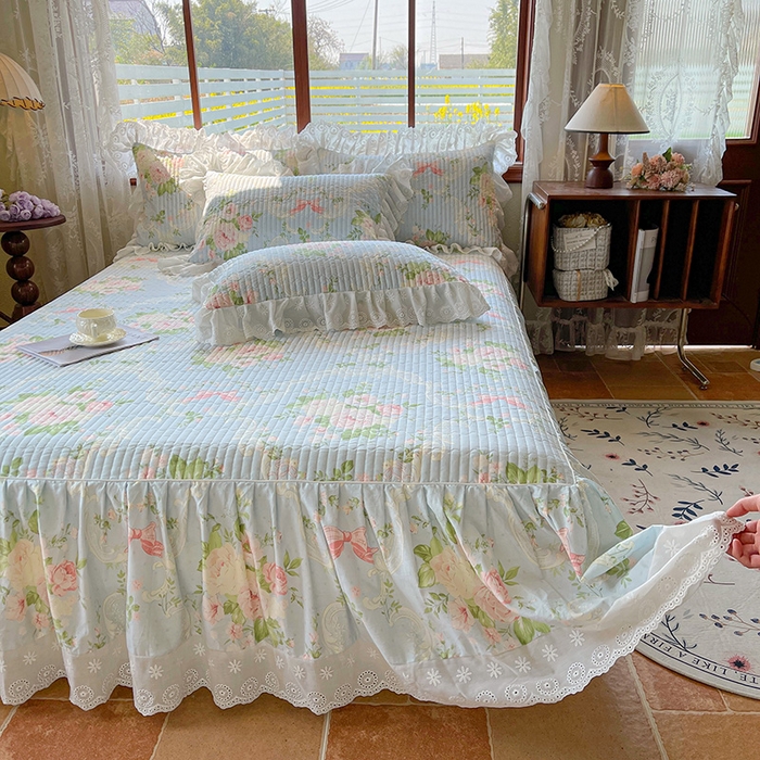 91家纺网 家纺一手货源 找家纺 罗艺轩 2025新款全棉印花床笠式花边床裙四件套 织夏花园-蓝