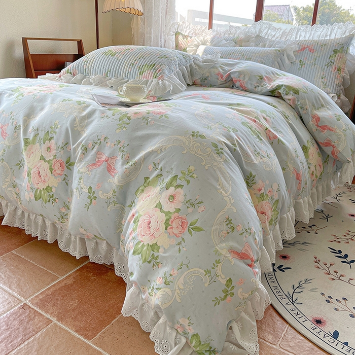 91家纺网 家纺一手货源 找家纺 罗艺轩 2025新款全棉印花床笠式花边床裙四件套 织夏花园-蓝