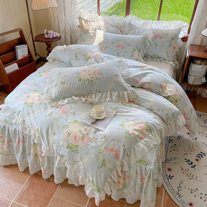 91家纺网 家纺一手货源 找家纺 罗艺轩 2025新款全棉印花床笠式花边床裙四件套 织夏花园-蓝