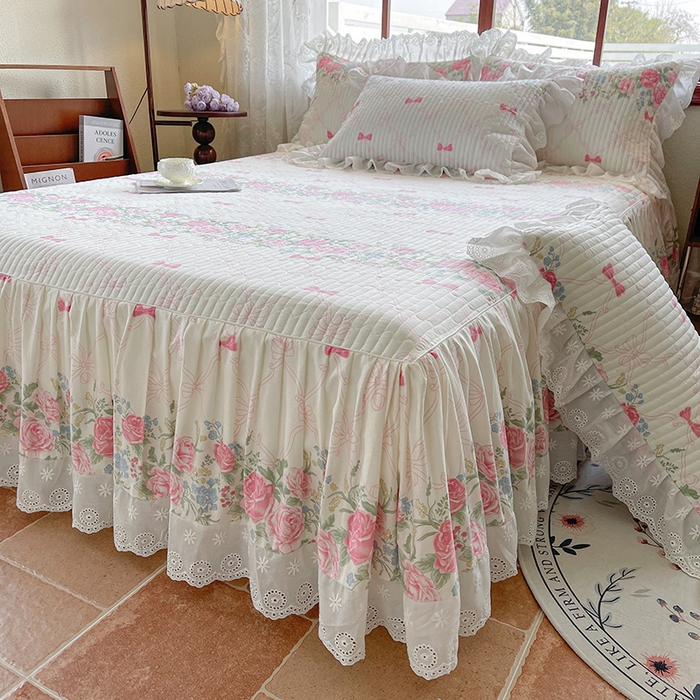 91家纺网 家纺一手货源 找家纺 罗艺轩 2025新款全棉印花床笠式花边床裙四件套 仲夏美梦