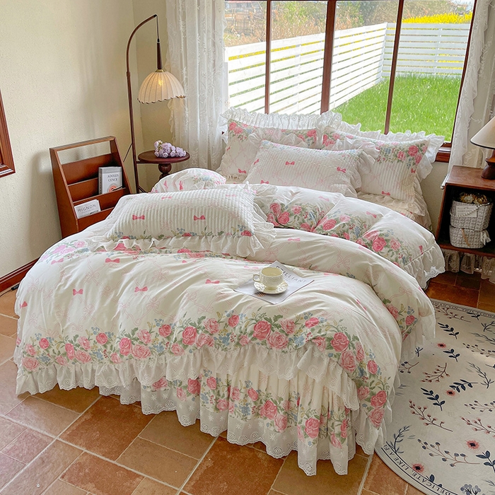 91家纺网 家纺一手货源 找家纺 罗艺轩 2025新款全棉印花床笠式花边床裙四件套 仲夏美梦