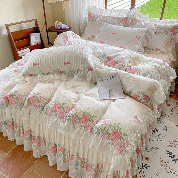 91家纺网 家纺一手货源 找家纺 罗艺轩 2025新款全棉印花床笠式花边床裙四件套 仲夏美梦