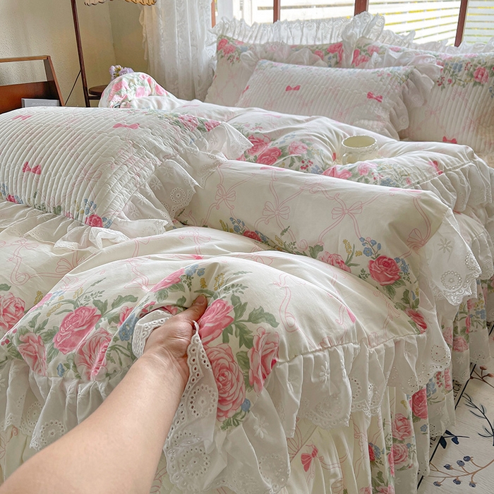 91家纺网 家纺一手货源 找家纺 罗艺轩 2025新款全棉印花床笠式花边床裙四件套 仲夏美梦