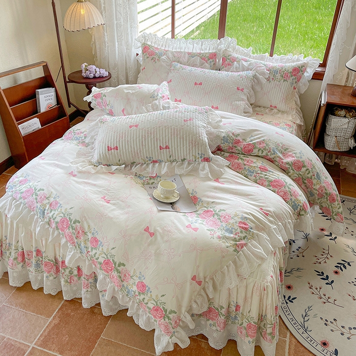 91家纺网 家纺一手货源 找家纺 罗艺轩 2025新款全棉印花床笠式花边床裙四件套 仲夏美梦