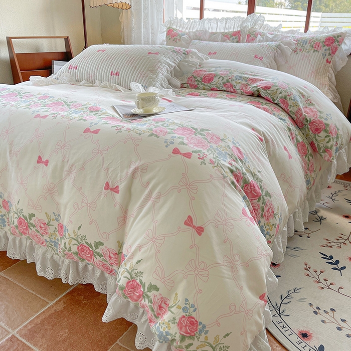 91家纺网 家纺一手货源 找家纺 罗艺轩 2025新款全棉印花床笠式花边床裙四件套 仲夏美梦