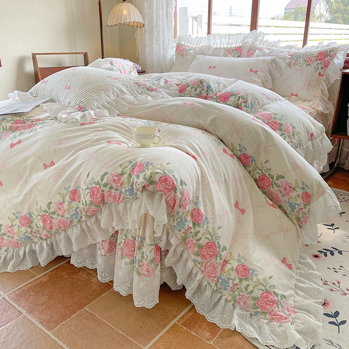 91家纺网 家纺一手货源 找家纺 罗艺轩 2025新款全棉印花床笠式花边床裙四件套 仲夏美梦