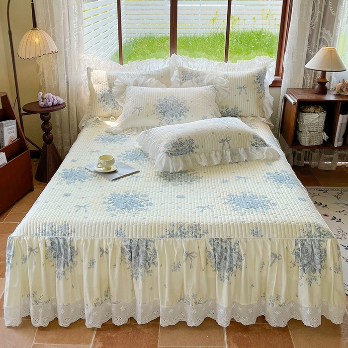 91家纺网 家纺一手货源 找家纺 罗艺轩 2025新款全棉印花床笠式花边床裙四件套 醉花语