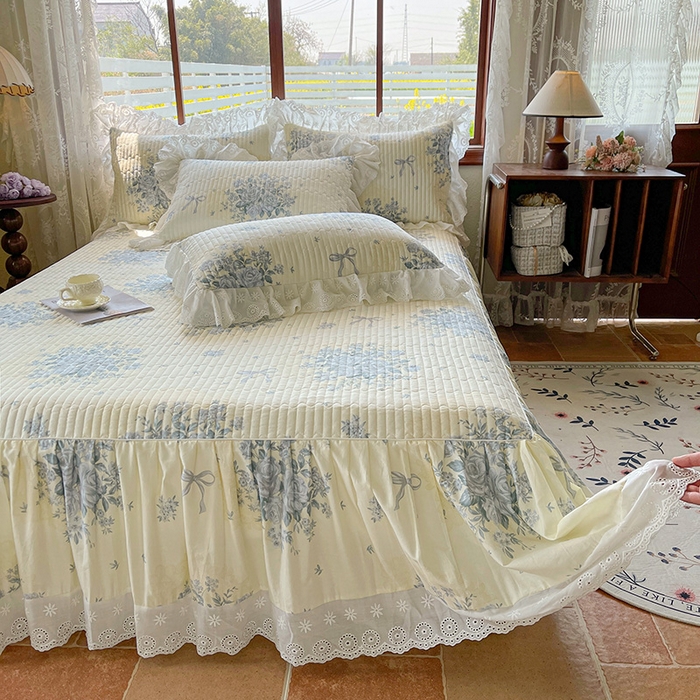 91家纺网 家纺一手货源 找家纺 罗艺轩 2025新款全棉印花床笠式花边床裙四件套 醉花语