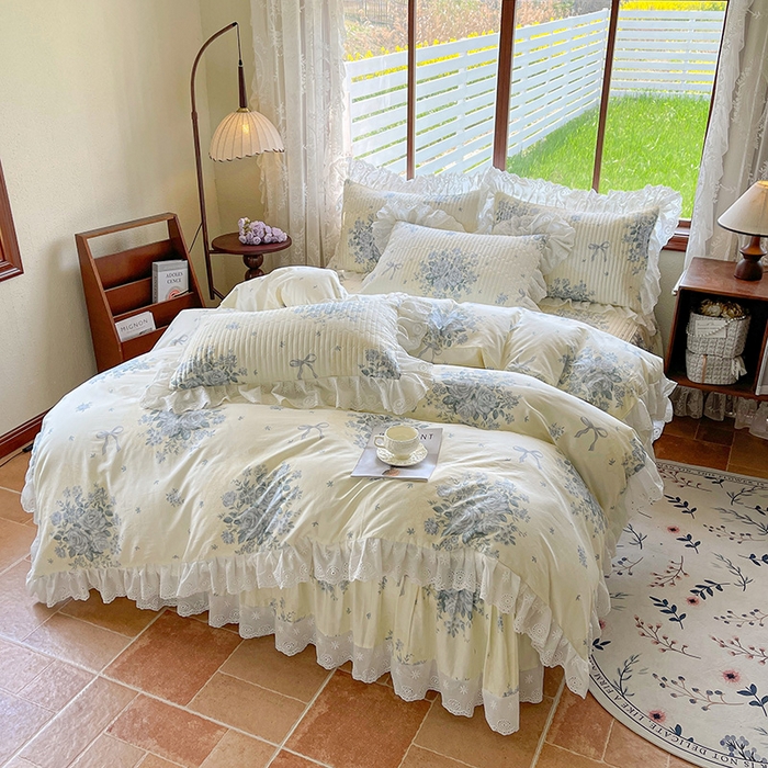 91家纺网 家纺一手货源 找家纺 罗艺轩 2025新款全棉印花床笠式花边床裙四件套 醉花语