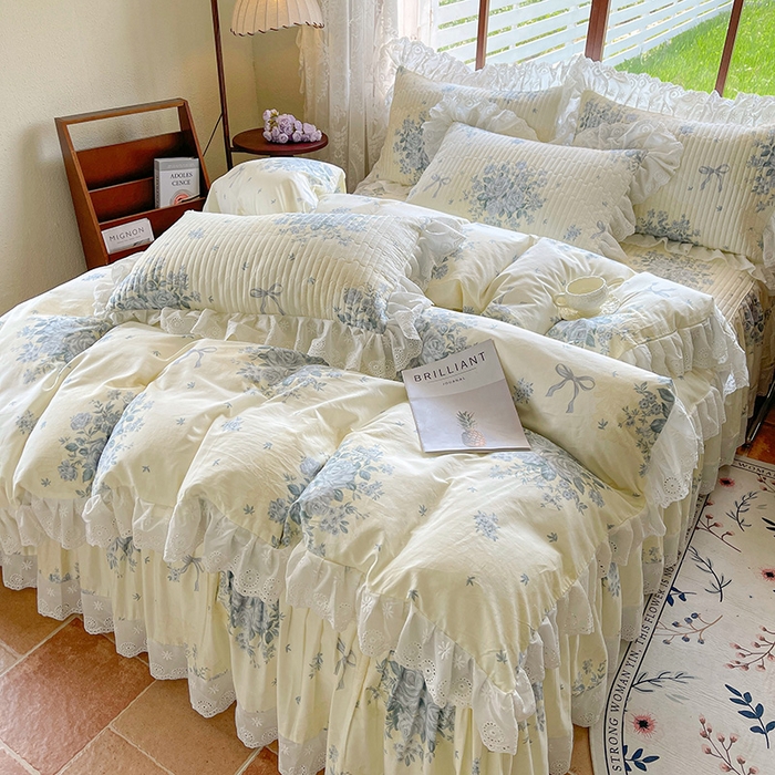 91家纺网 家纺一手货源 找家纺 罗艺轩 2025新款全棉印花床笠式花边床裙四件套 醉花语