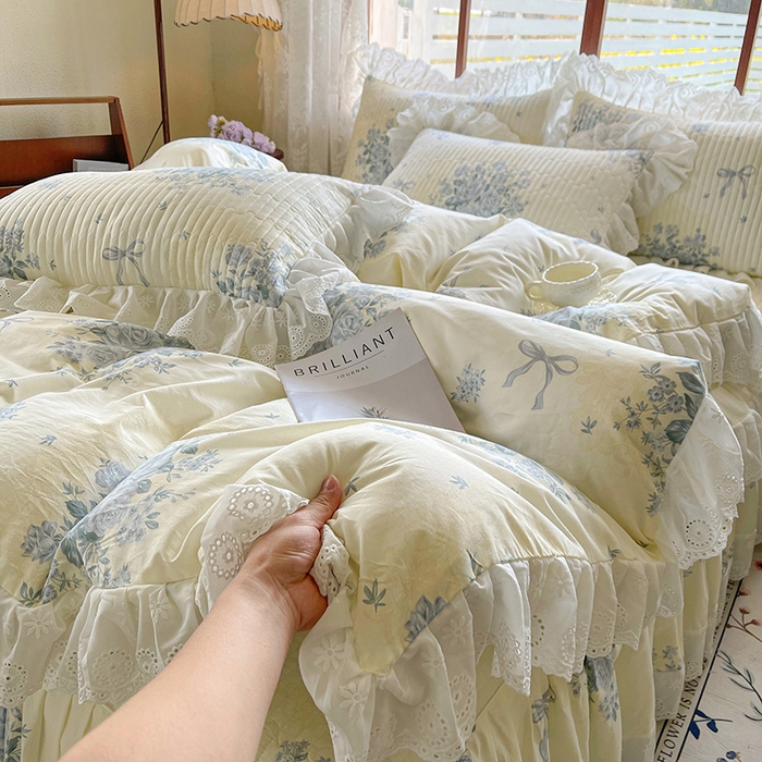 91家纺网 家纺一手货源 找家纺 罗艺轩 2025新款全棉印花床笠式花边床裙四件套 醉花语