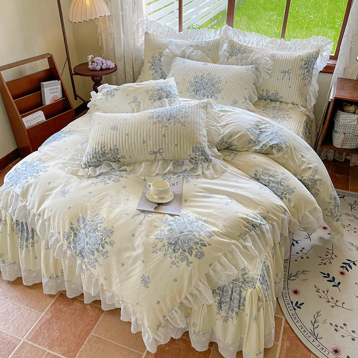 91家纺网 家纺一手货源 找家纺 罗艺轩 2025新款全棉印花床笠式花边床裙四件套 醉花语