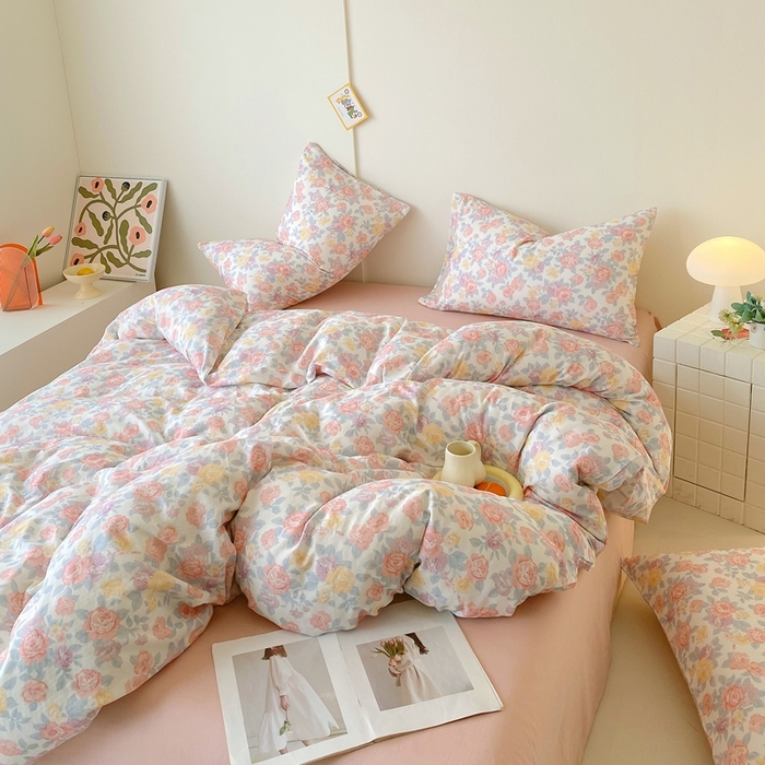 91家纺网 家纺一手货源 找家纺 于果 2025新款全棉双层纱四件套第四批 春色