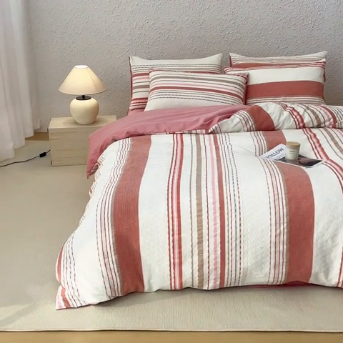 91家纺网 家纺一手货源 找家纺 简宜家居（朝初家纺） 2025新款华夫纯棉格色织提花四件套 初色-粉