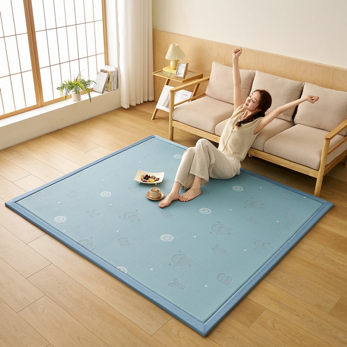 91家纺网 家纺一手货源 找家纺 锦丝钰床垫 2025新款真凉感冰豆豆天鹅系列地垫 冰豆豆-笑脸蓝