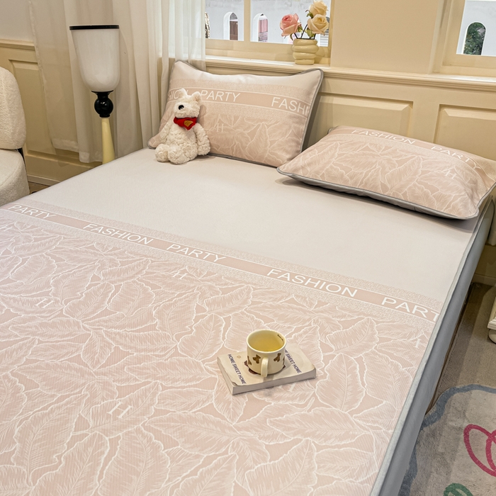 91家纺网 家纺一手货源 找家纺 星座家纺 2025新款斜纹提花凉感丝凉席床笠款三件套 床笠-叶之语-奶咖