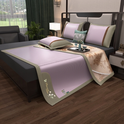 91家纺网 家纺一手货源 找家纺 2025新款艾草清香-冰藤双面席系列（新风格）凉席藤席冰藤席竹席空调席草席冰丝席豆豆席乳胶席三件套 艾草清新-冰藤双面席（浅紫）