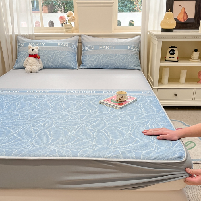 91家纺网 家纺一手货源 找家纺 星座家纺 2025新款斜纹提花凉感丝凉席床笠款三件套 床笠-叶之语-蓝