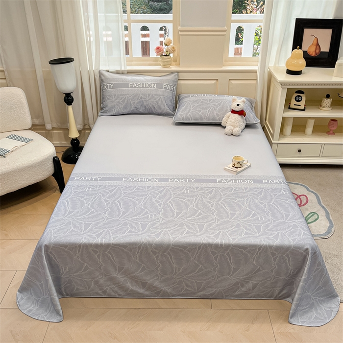 91家纺网 家纺一手货源 找家纺 星座家纺 2025新款斜纹提花凉感丝凉席床单款三件套 叶之语-灰