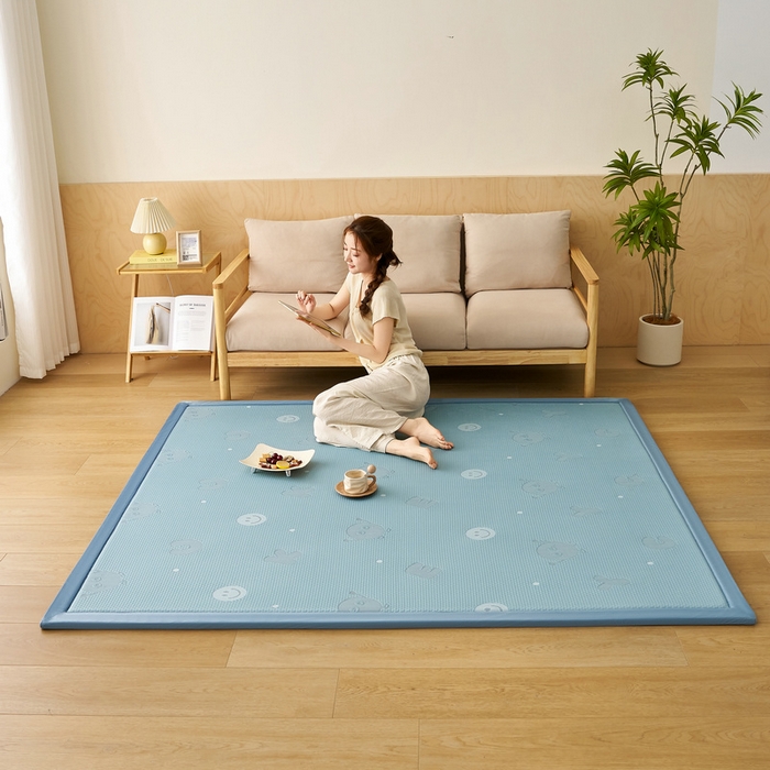 91家纺网 家纺一手货源 找家纺 锦丝钰床垫 2025新款真凉感冰豆豆天鹅系列地垫 冰豆豆-笑脸蓝