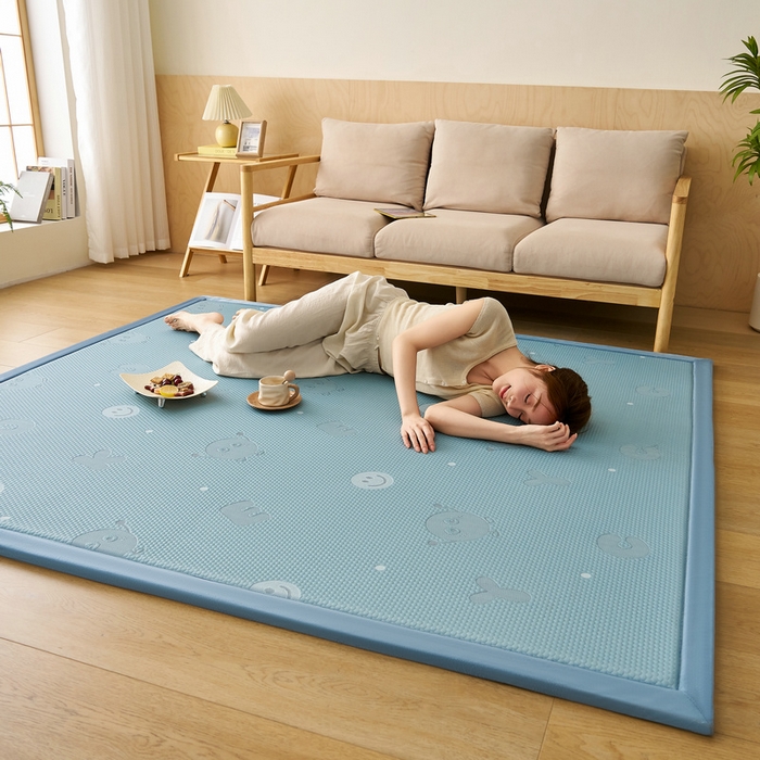 91家纺网 家纺一手货源 找家纺 锦丝钰床垫 2025新款真凉感冰豆豆天鹅系列地垫 冰豆豆-笑脸蓝