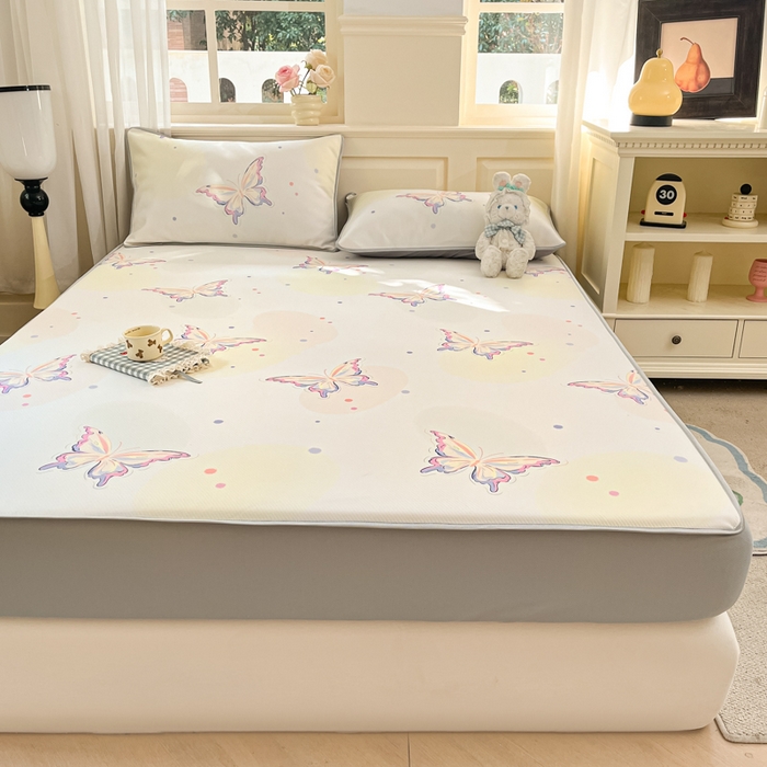 91家纺网 家纺一手货源 找家纺 星座家纺 2025新款斜纹提花凉感丝凉席床笠款三件套 床笠-彩蝶