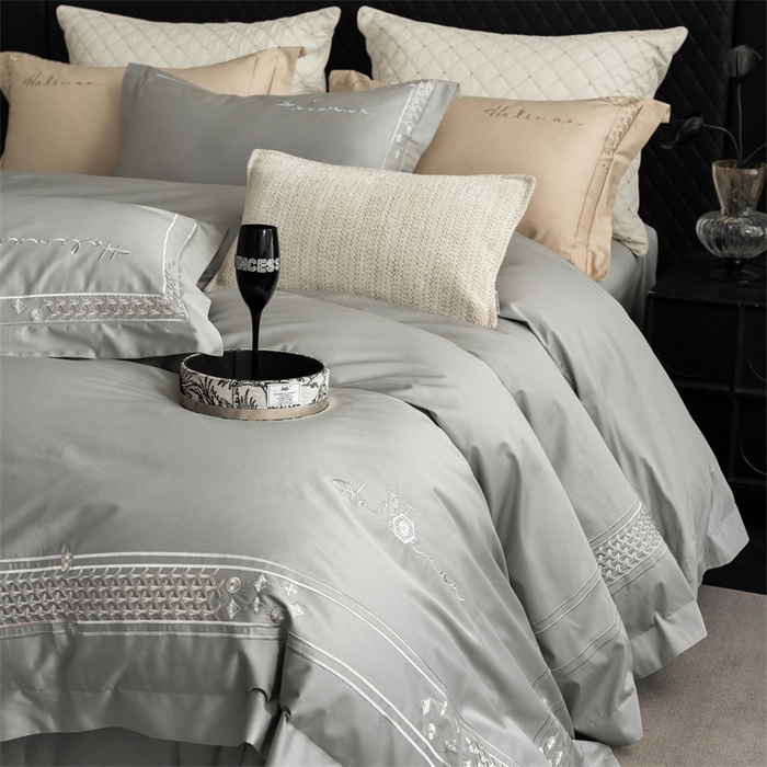 91家纺网 家纺一手货源 找家纺 保罗圣迪奥 2025新款全棉长绒棉刺绣四件套-星光 星光-灰