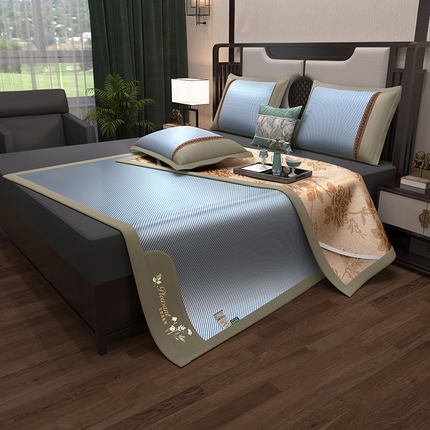 2025新款艾草清香-冰藤双面席系列（新风格）凉席藤席冰藤席竹席空调席草席冰丝席豆豆席乳胶席三件套 艾草清新-冰藤双面席（海蓝）