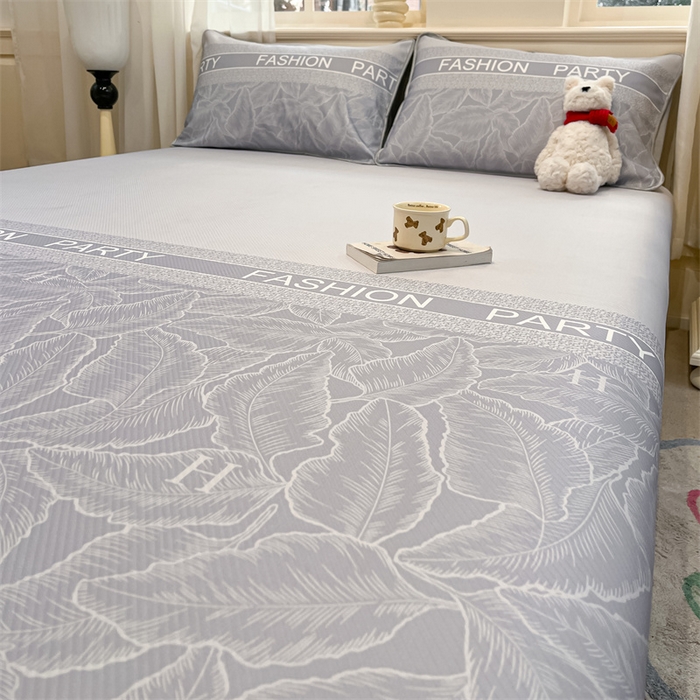 91家纺网 家纺一手货源 找家纺 星座家纺 2025新款斜纹提花凉感丝凉席床单款三件套 叶之语-灰