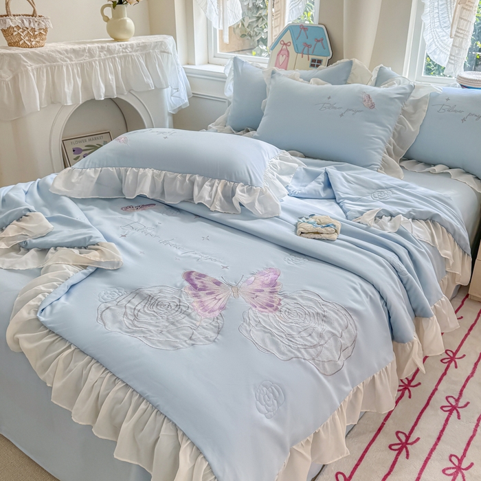 91家纺网 家纺一手货源 找家纺 凯美家居 2025新款超柔亲肤棉夏被回件套 夏被蝶恋花 浅蓝