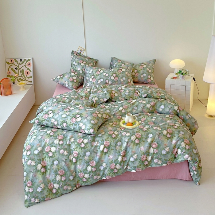 91家纺网 家纺一手货源 找家纺 于果 2025新款全棉双层纱四件套第四批 仙境绿